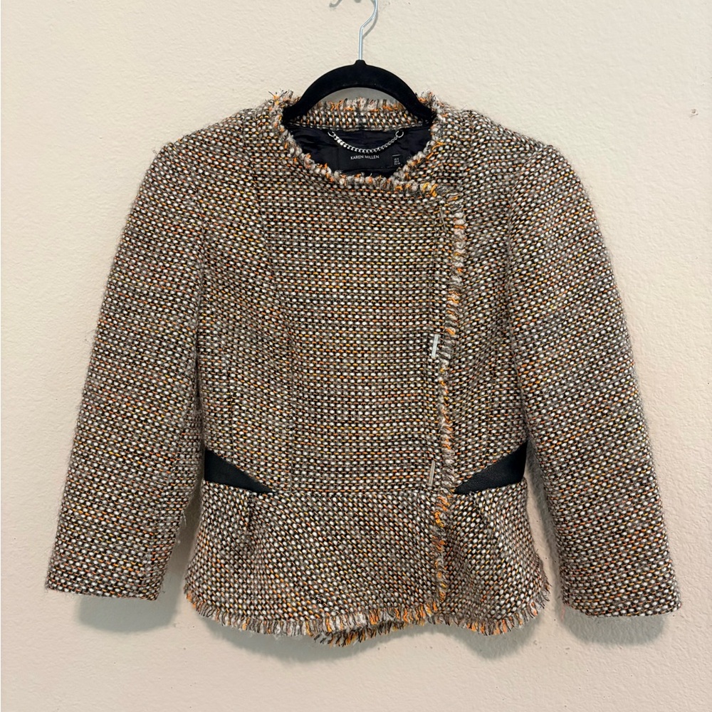 Karen Millen Brown Multi-Tone Tweed Peplum Blazer with Fringed Trim - Picture 4 of 7